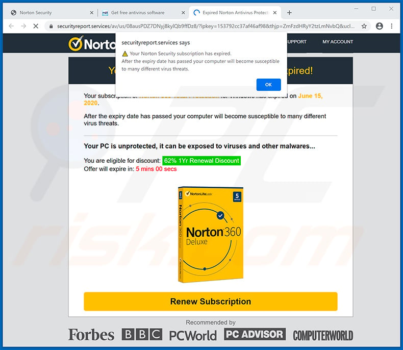 Norton Subscription Has Expired Today pop-up scam displayed by securityreport.services