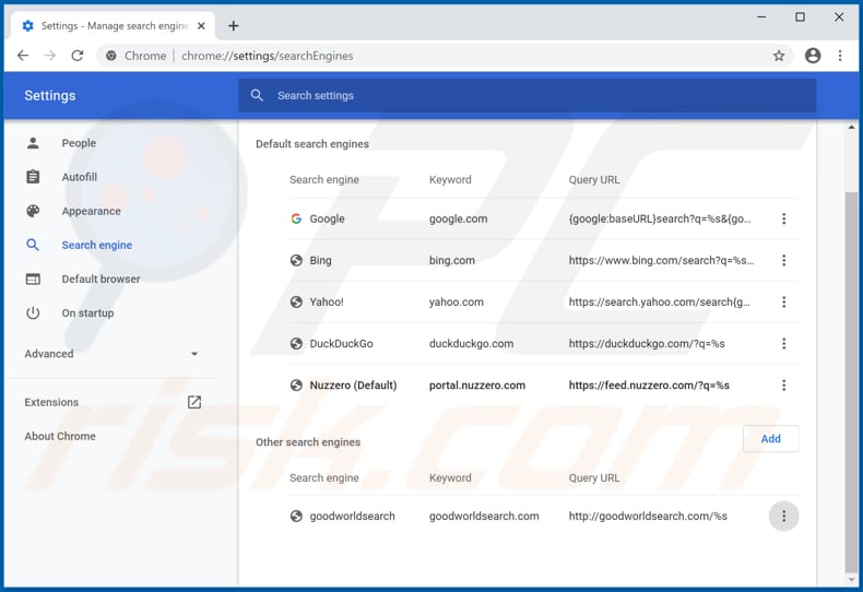 Removing nuzzero.com from Google Chrome default search engine