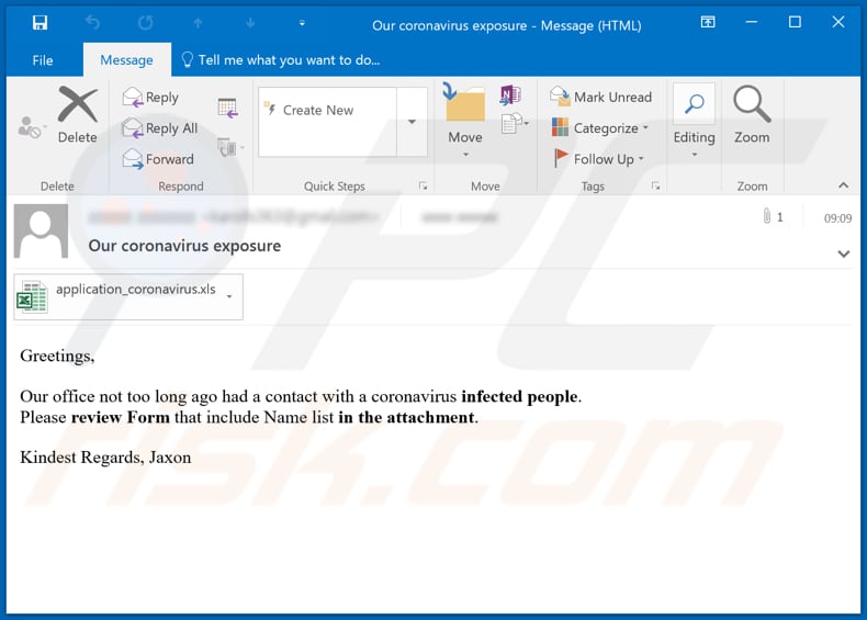 Office had a contact with a Coronavirus infected people malware-spreading email spam campaign