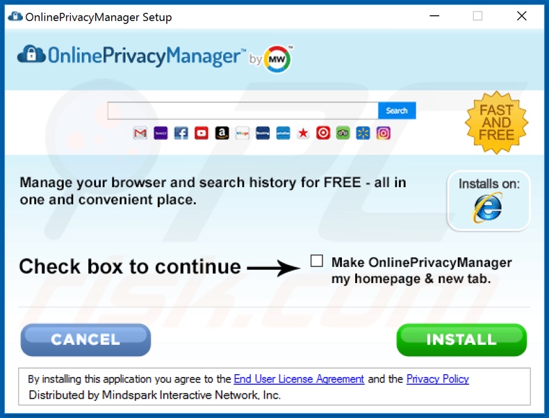 Official OnlinePrivacyManager browser hijacker installation setup