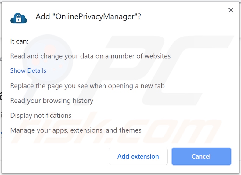 OnlinePrivacyManager browser hijacker asking for permissions