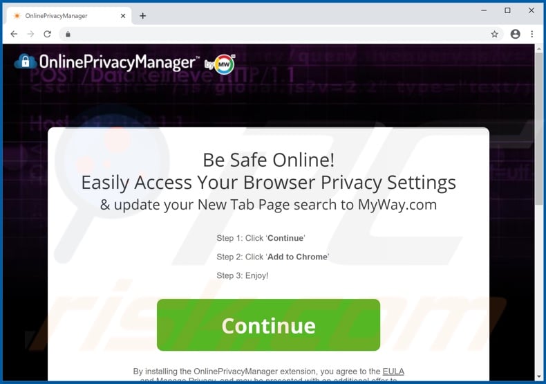 Website used to promote OnlinePrivacyManager browser hijacker (Chrome)