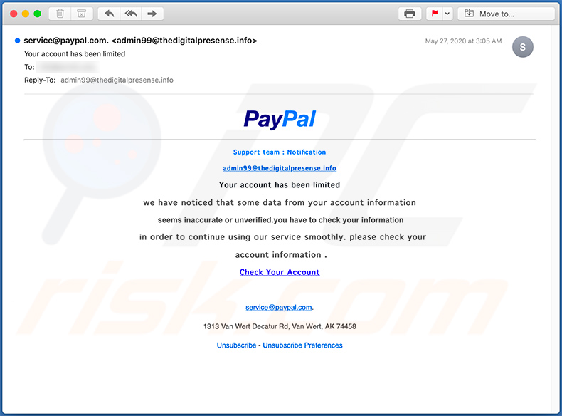 PayPal-themed phishing email