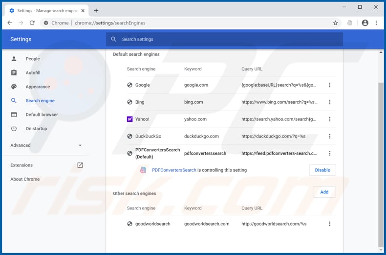 Removing pdfconverters-search.com from Google Chrome default search engine