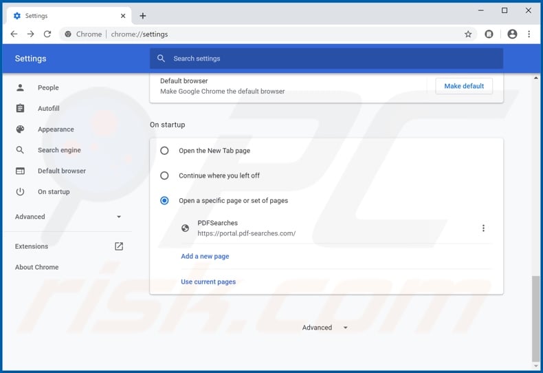 Removing pdf-searches.com from Google Chrome homepage
