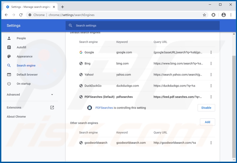 Removing pdf-searches.com from Google Chrome default search engine