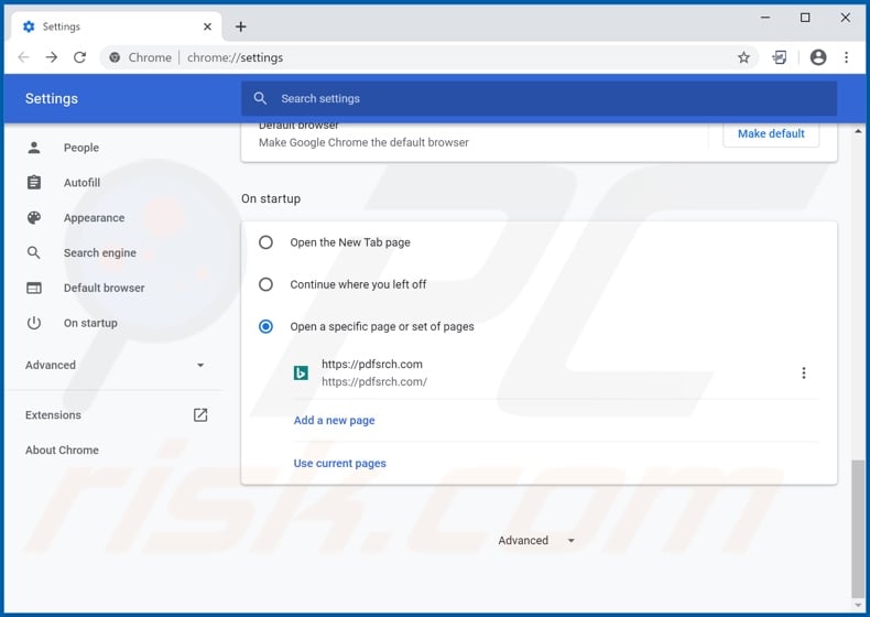 Removing pdfsrch.com from Google Chrome homepage