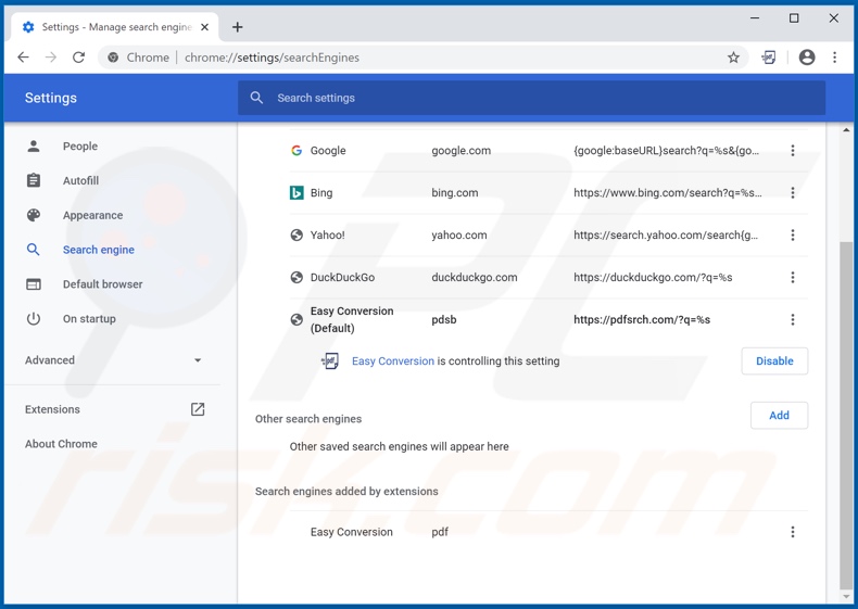 Removing pdfsrch.com from Google Chrome default search engine