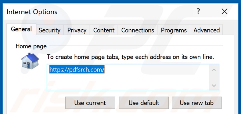 Removing pdfsrch.com from Internet Explorer homepage