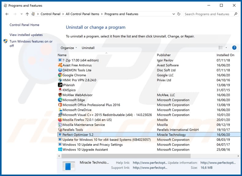 Perfect Optimizer adware uninstall via Control Panel