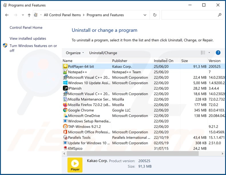 PotPlayer adware uninstall via Control Panel