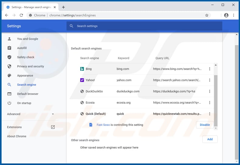 Removing quicknewtab.com from Google Chrome default search engine
