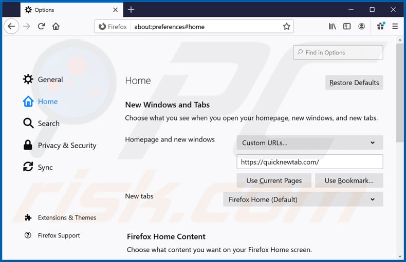 Removing quicknewtab.com from Mozilla Firefox homepage