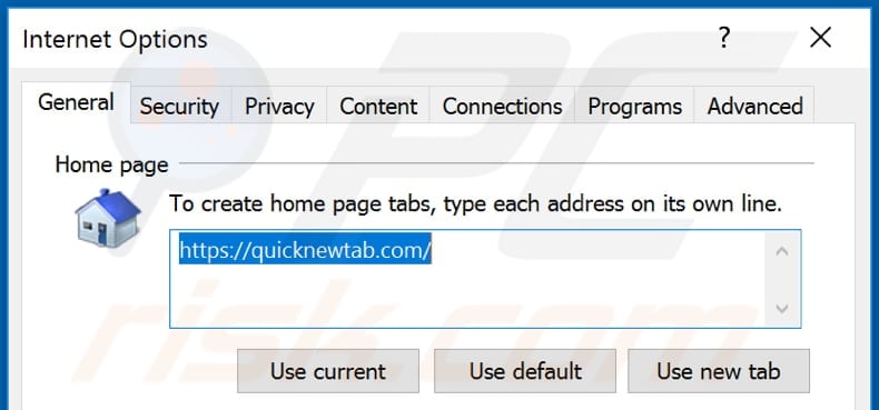 Removing quicknewtab.com from Internet Explorer homepage