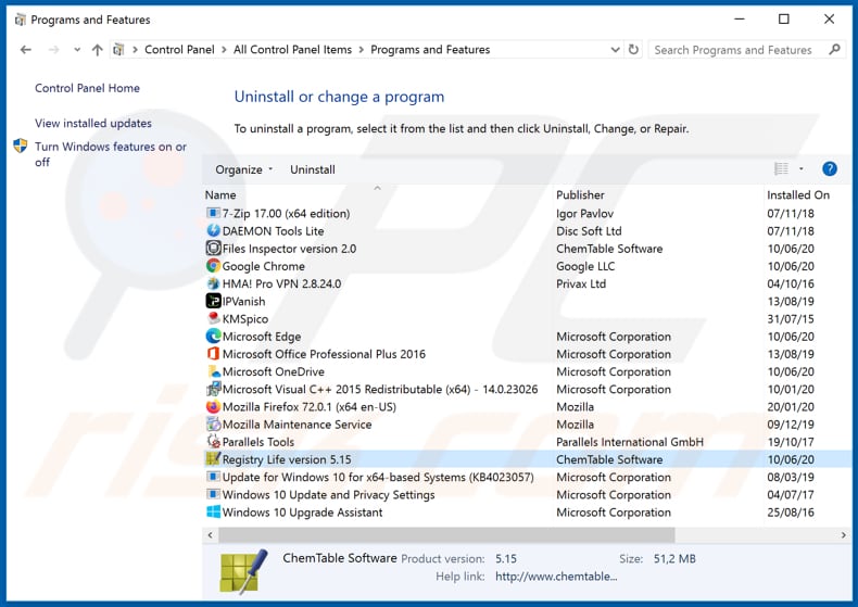 Registry Life adware uninstall via Control Panel