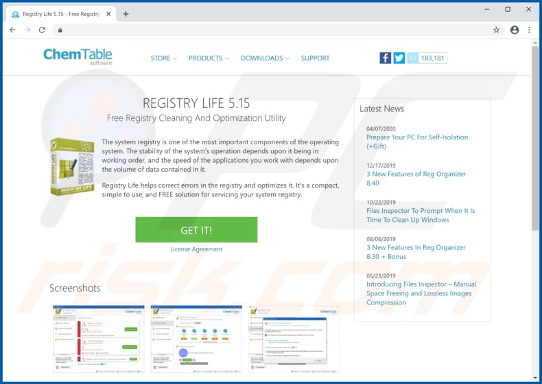 Website used to promote Registry Life PUA