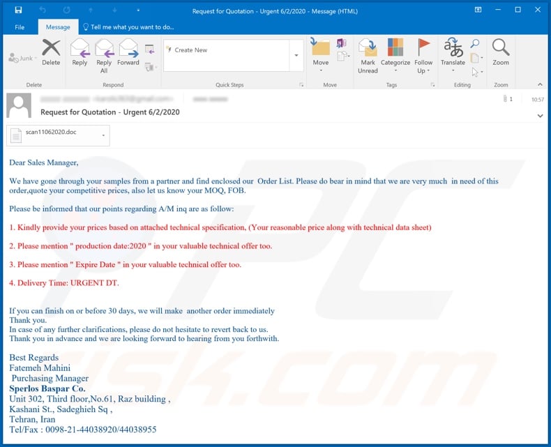 Request for quotation malware-spreading email spam campaign