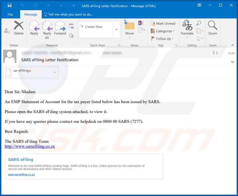 SARS eFiling Email Virus malware-spreading email spam campaign