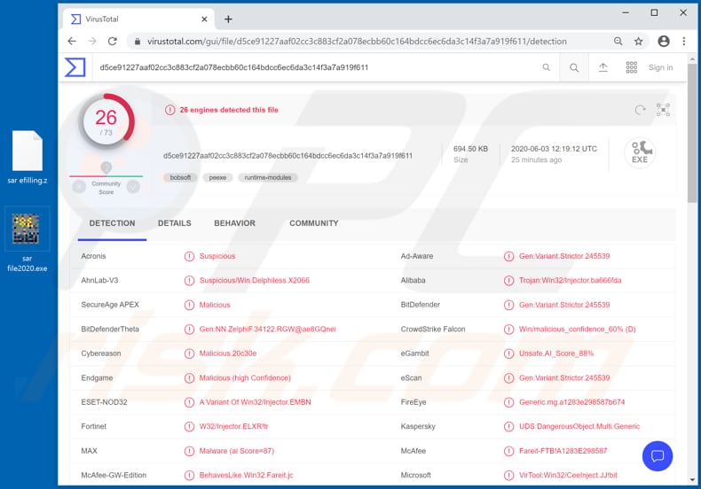 sars efiling email virus distributed malicious file detected as a threat in virustotal