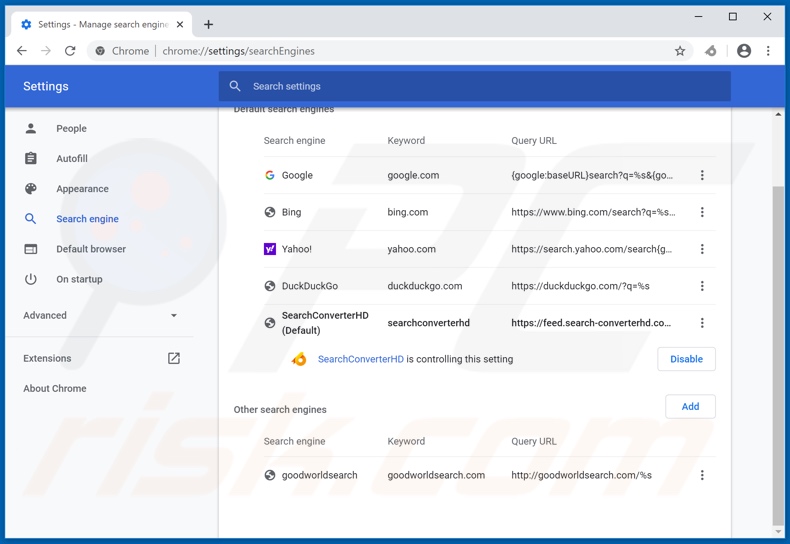 Removing search-converterhd.com from Google Chrome default search engine