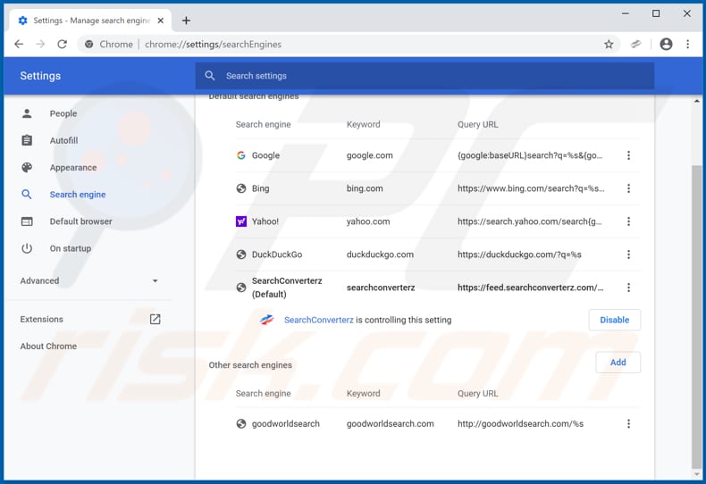 Removing feed.searchconverterz.com from Google Chrome default search engine