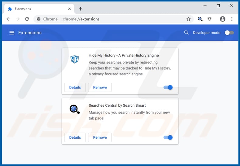 Removing search.hsearchescentral.com related Google Chrome extensions