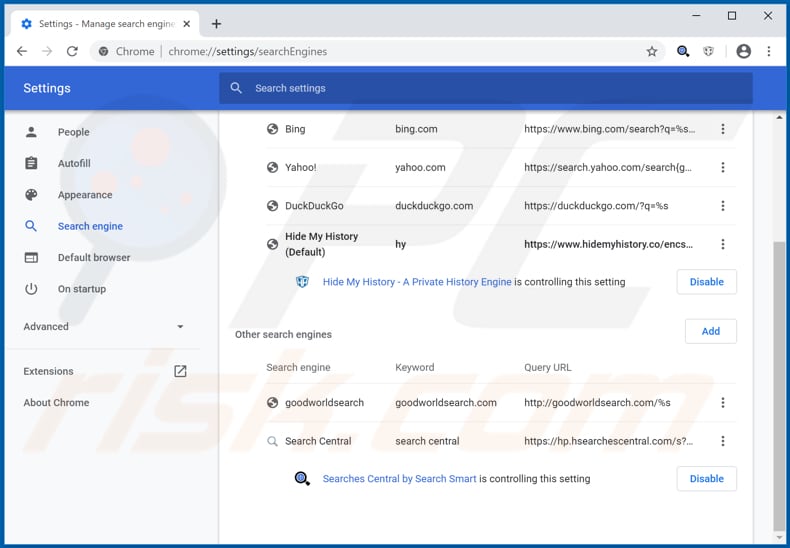 Removing search.hsearchescentral.com from Google Chrome default search engine