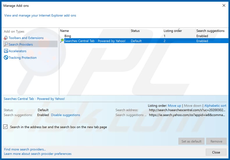 Removing search.hsearchescentral.com from Internet Explorer default search engine