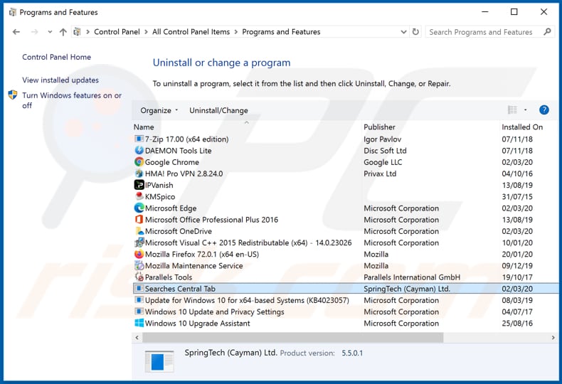 search.hsearchescentral.com browser hijacker uninstall via Control Panel