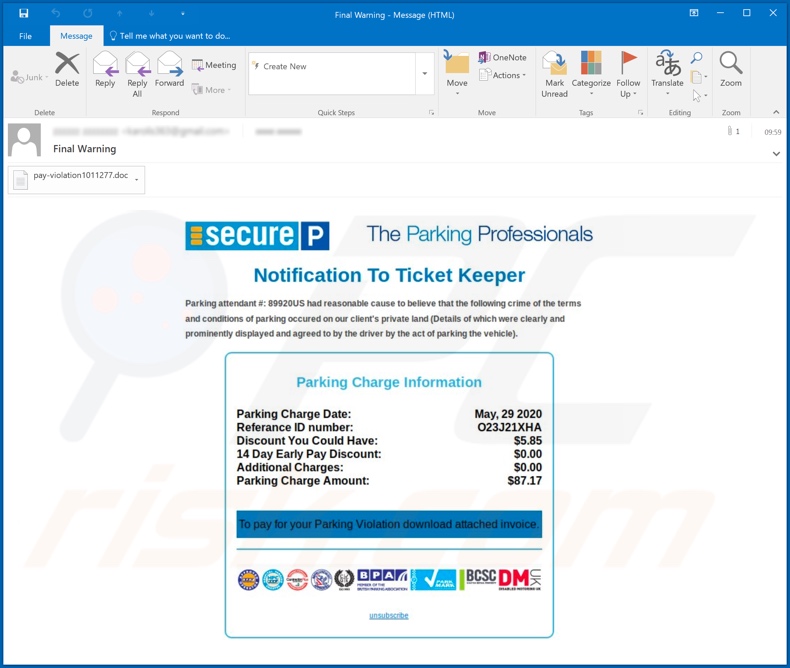 Secure Parking malware-spreading email spam campaign