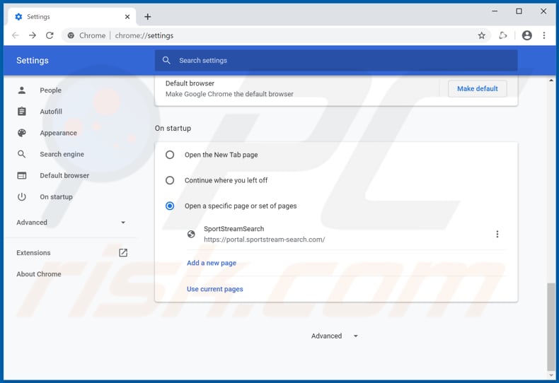Removing sportstream-search.com from Google Chrome homepage