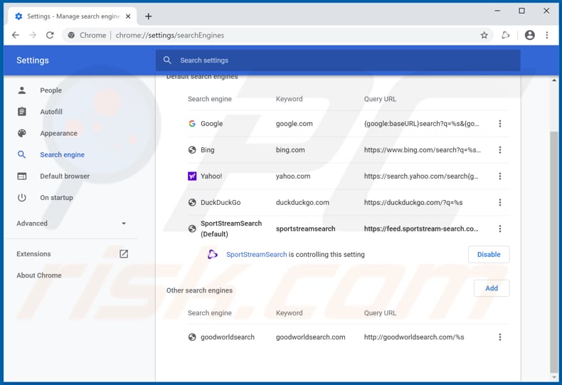 Removing sportstream-search.com from Google Chrome default search engine