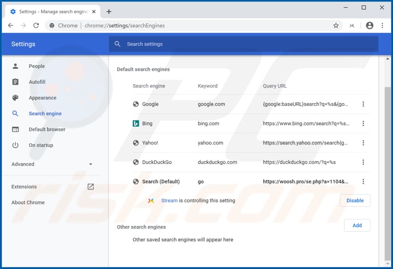 Removing woosh.pro from Google Chrome default search engine