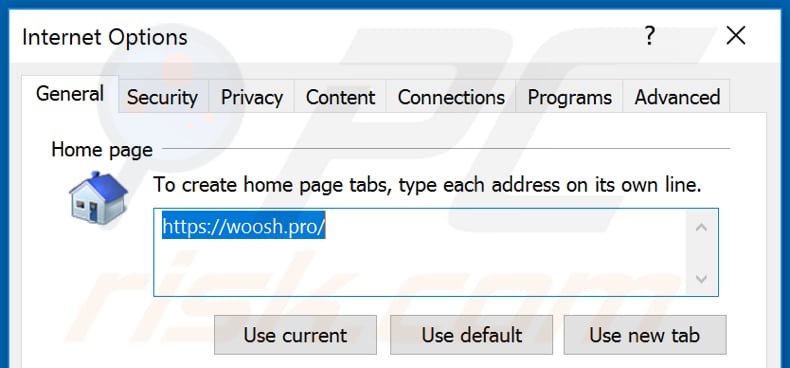 Removing woosh.pro from Internet Explorer homepage
