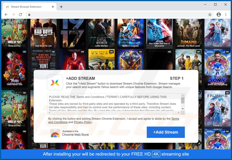 Website used to promote Stream browser hijacker