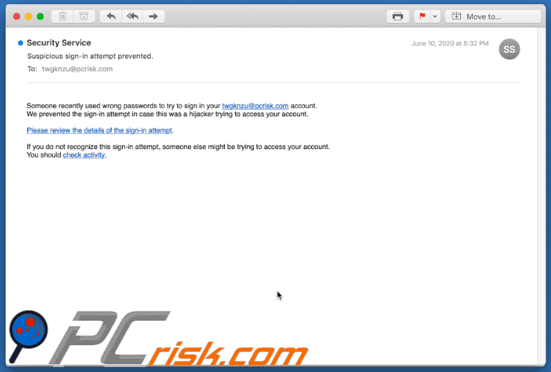 Email scam redirecting to a dubious site (GIF)
