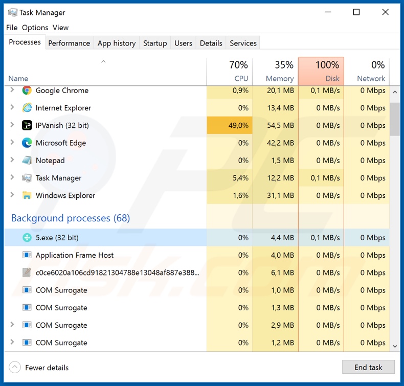 Tabe ransomware process on Task Manager (5.exe)