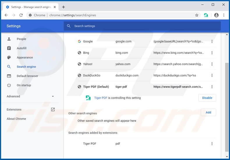 Removing tigerpdf-search.com from Google Chrome default search engine