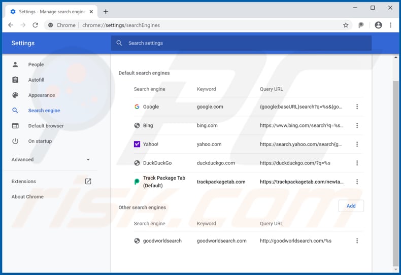 Removing trackpackagetab.com from Google Chrome default search engine