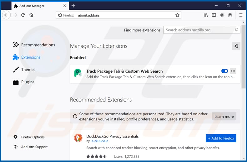 Removing trackpackagetab.com related Mozilla Firefox extensions