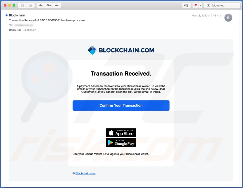 Transaction received into blockchain wallet email spam campaign