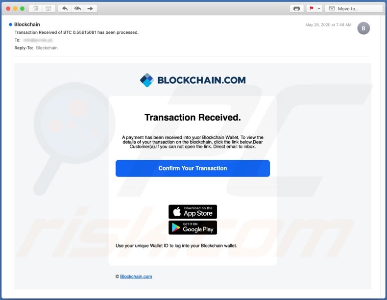 Transaction received into blockchain wallet email spam campaign