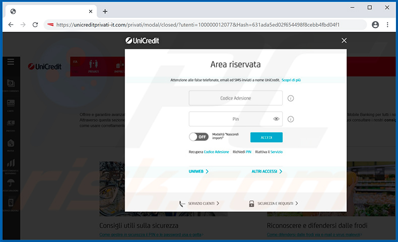 Fake UniCredit Bank website used for phishing purposes