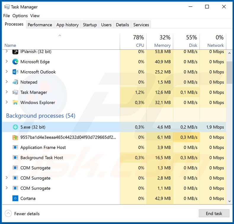Vawe ransomware process on task manager (5.exe)