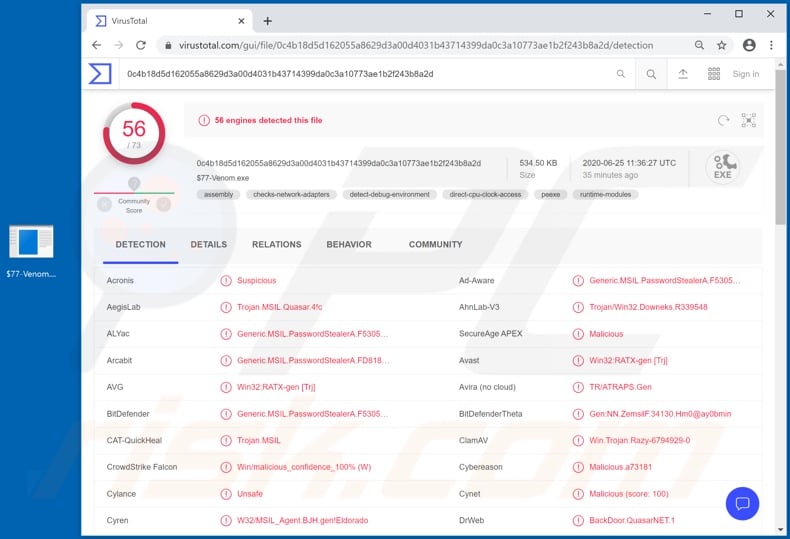 VenomRAT malware detections on VirusTotal