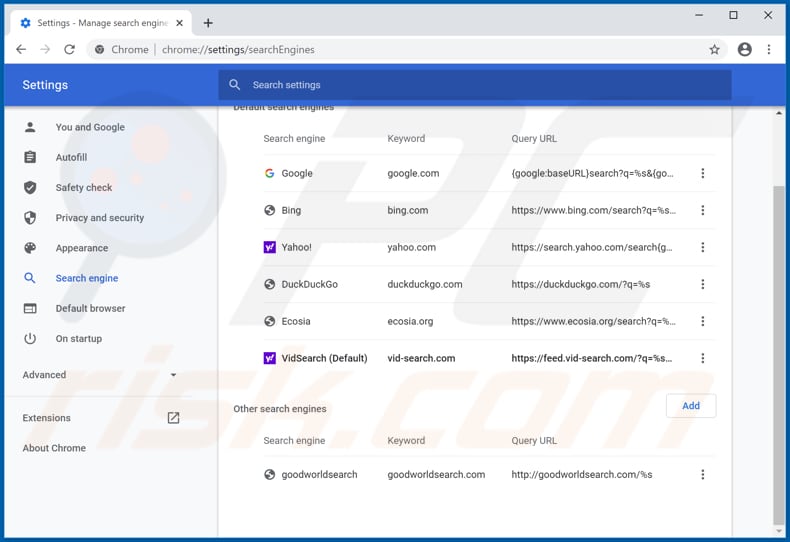 Removing vid-search.com from Google Chrome default search engine