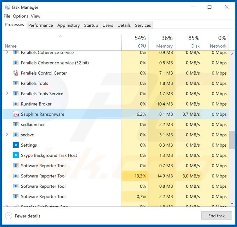 VIVELAG ransomware process on task manager (process name: Sapphire Ransomware)