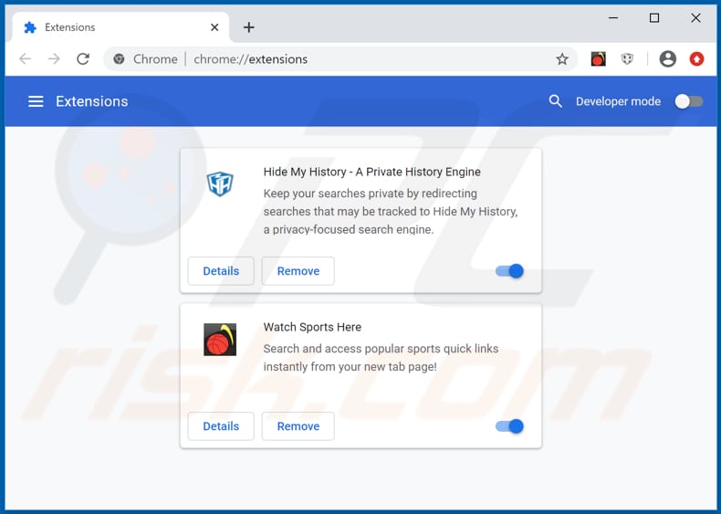 Removing hwatchsportshere.com related Google Chrome extensions