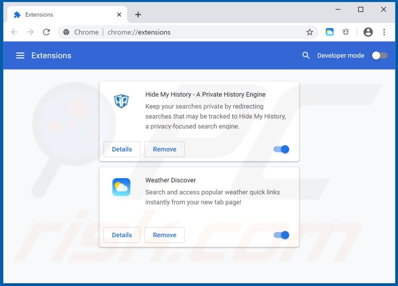 Removing hweatherdiscover.com related Google Chrome extensions