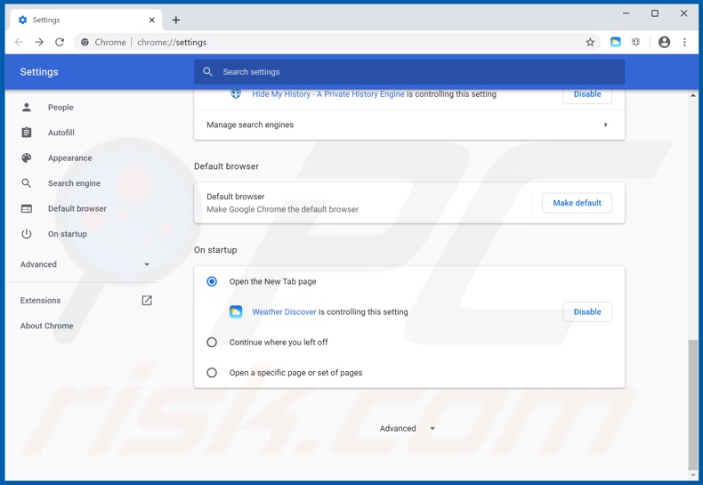 Removing hweatherdiscover.com from Google Chrome homepage